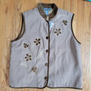 Jessica Holbrook Womens Beige Suede Vest With Floral Embroidery & Brown Trim NWO